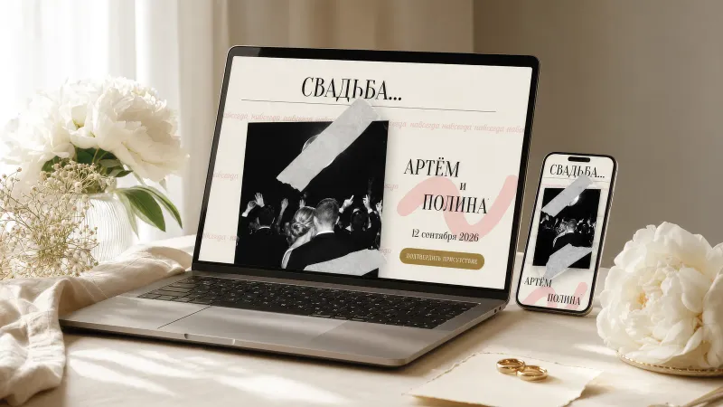 Сайт-приглашение на свадьбу открыт на ноутбуке и телефоне: имена пары, дата и кнопка подтверждения