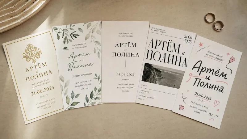 Пригласительные на свадьбу в разных стилях веером: классика, ботаника, минимализм, журнальный и игривый